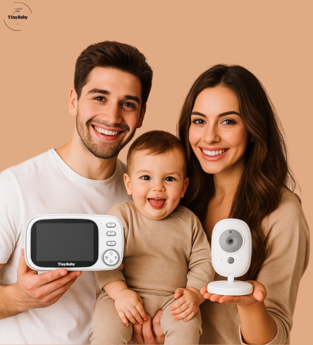 משפחה שמחה עם מוניטור מעקב